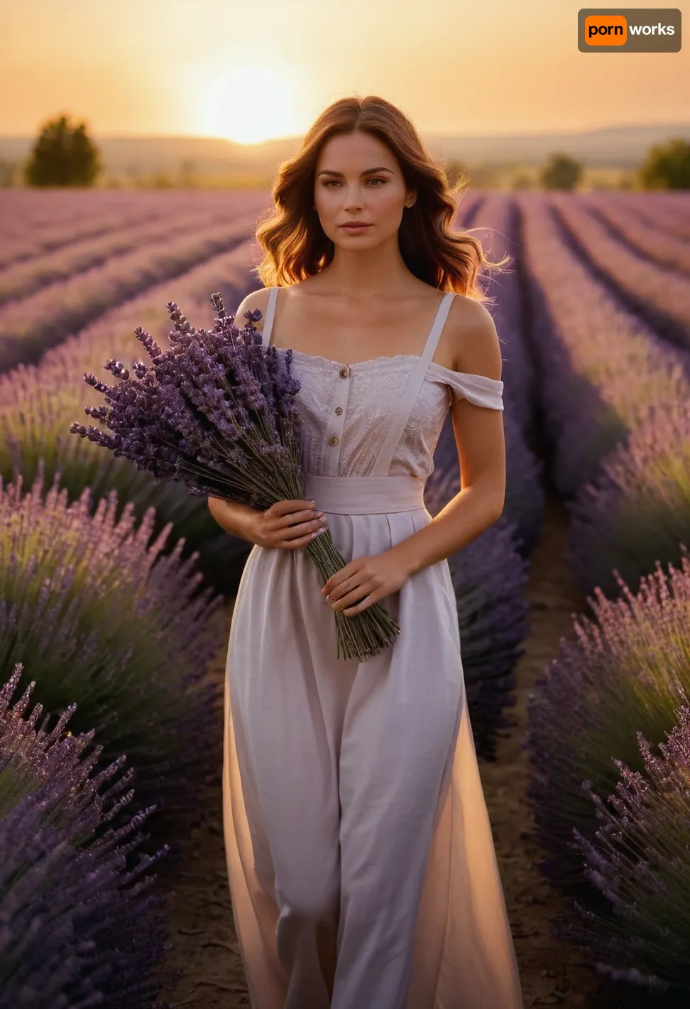 A young woman with brown hair, is depicted in a vast lavender field at sunset. She is positioned slightly off-center to the left side of the image, walking towards the right. She is holding a large bouquet of lavender, with her expression serene and peaceful, looking downward at the flowers. Her hair is styled in loose waves. She is wearing a light-grey/taupe overall style apron over a light-cream or white off-the-shoulder top. Her body type is slender, and her facial features are soft and delicate. The setting is a vast expanse of vibrant purple lavender bushes extending into the distance. The sunset is a warm and golden orange, reflected in the lavender and creating a soft, diffused light across the field. The overall style is realistic photo art, with soft shading, and a focus on creating a beautiful and serene atmosphere. The lighting is warm and soft, casting a golden glow over the scene, especially around the sun. The perspective is slightly above the woman, drawing the viewer into the scene. The composition is balanced, with the woman as the focal point within the lavender field, creating a sense of harmony and tranquility. The colors are vibrant and rich, with a strong emphasis on the lavender's various shades of purple.