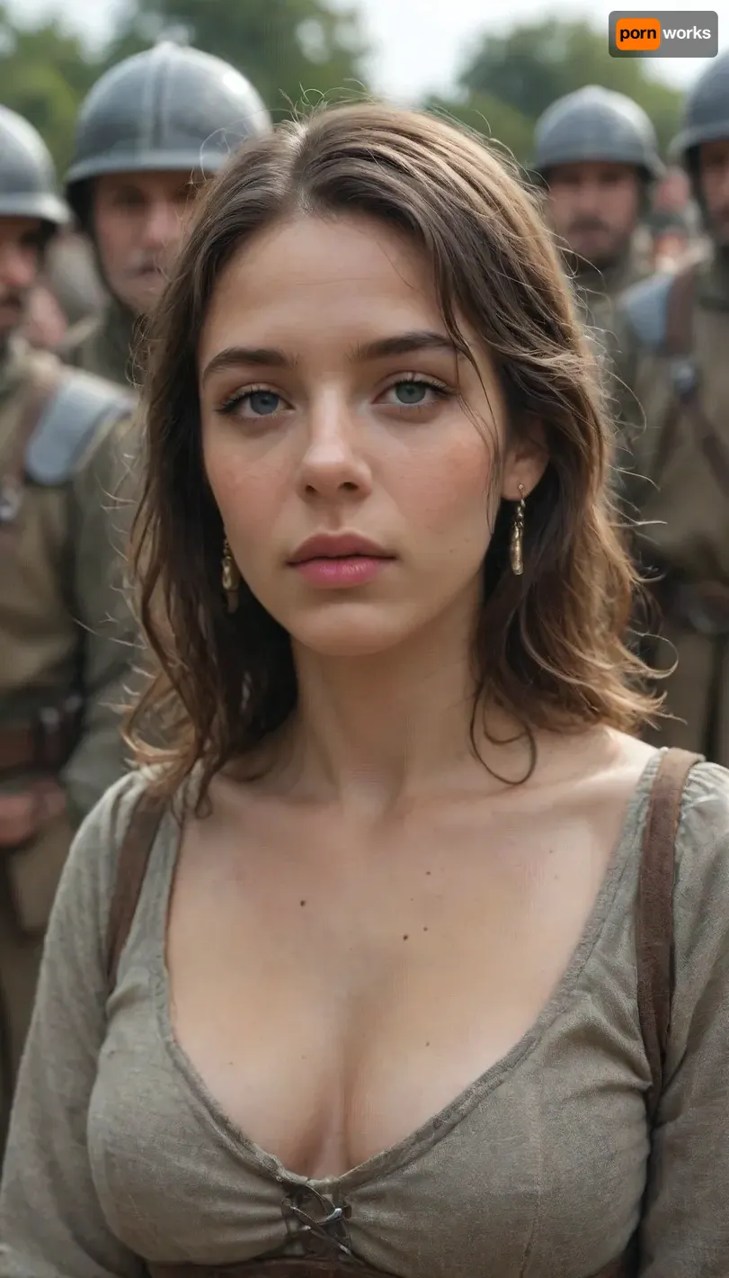 Defeated knight woman, perfect face, surrounded by peasant, battlefield, fat medieval soldiers, ugly peasant