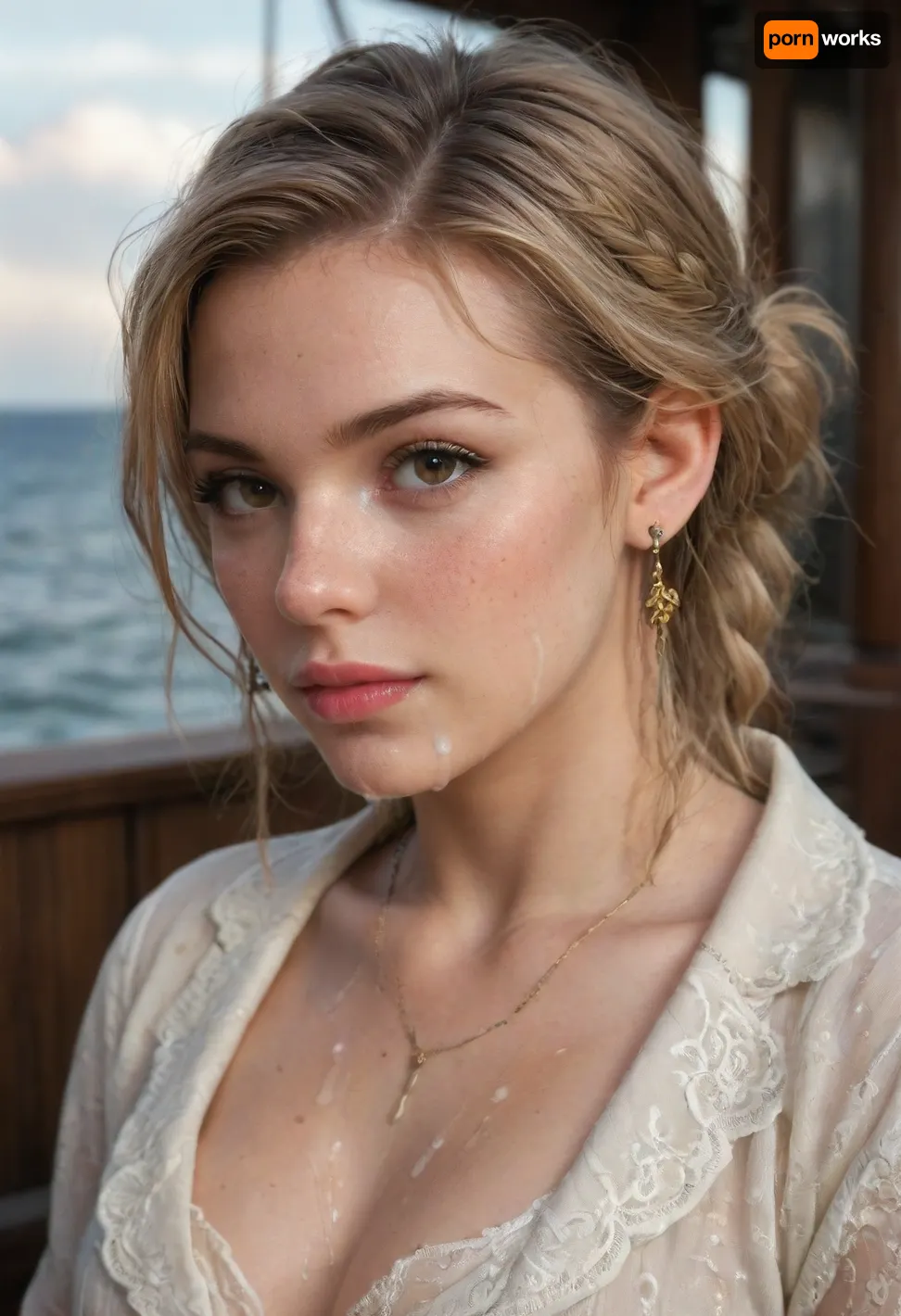 Ana de armas in a white antique lace shirt and pirate coat on the deck of a sail ship, short straight blonde hair with braid, brown eyes, freckles, half moon scar on cheek, the sea and an overgrown island in the background, fantasy, digital painting, studio lighting, unreal engine, octane render, bukkake, <lora:MS_Real_XL_Bukkake:.8>, woman, cum, on, face, <lora:JustCum:.8>, <lora:754990_training_data:.8>