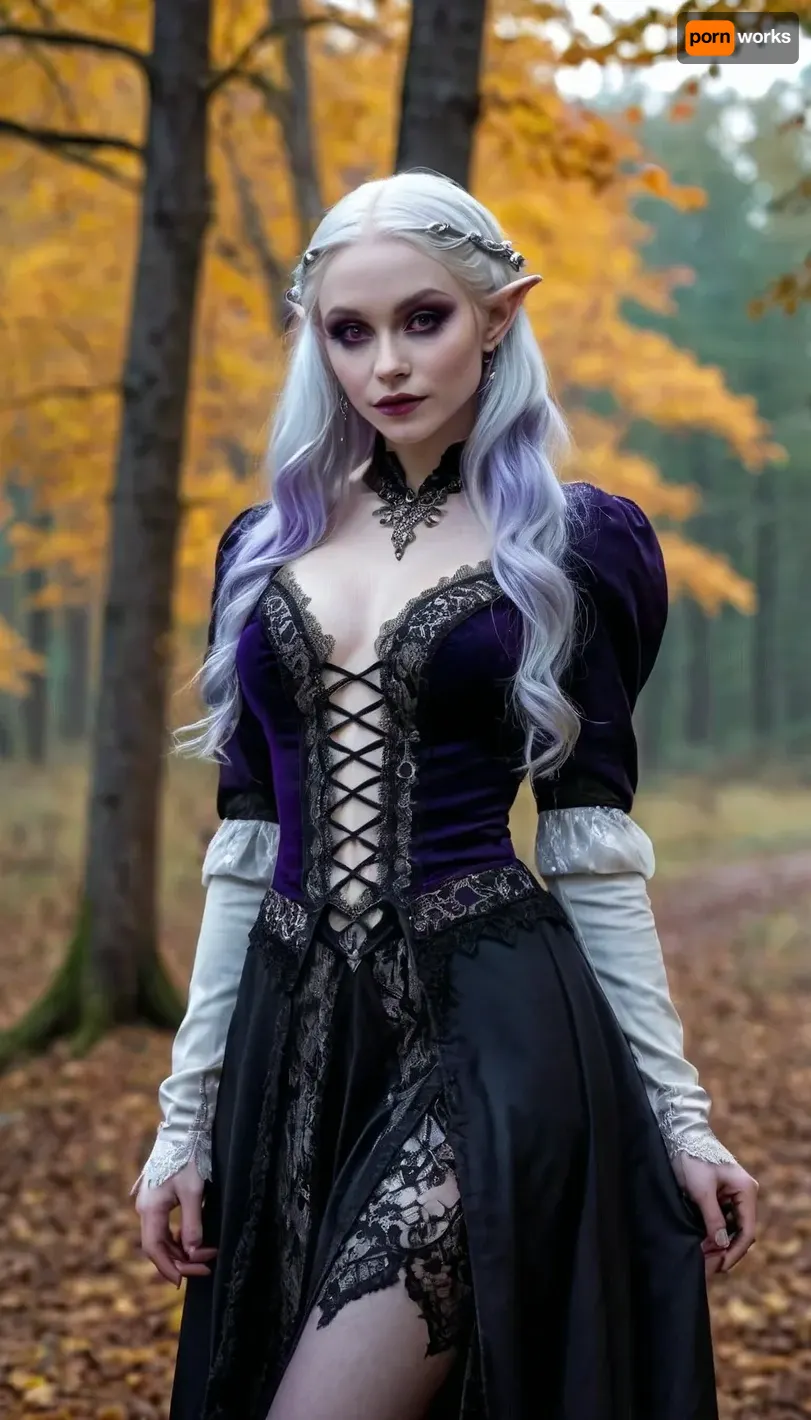 very beautiful drow elf, albino skin, extremely pale skin, veins showing through skin, full body view, outside, cloudy dark forest at dusk, autumn leaves, realistic lighting, regal hunting dress with black lace trim and silver adornment, mischievous smirk at camera, purple and silver hair, dark makeup, hanging viewer a small glass potion, Gothic style, art, fantasy, drawing in the style of realistic anime, dark, Gothic