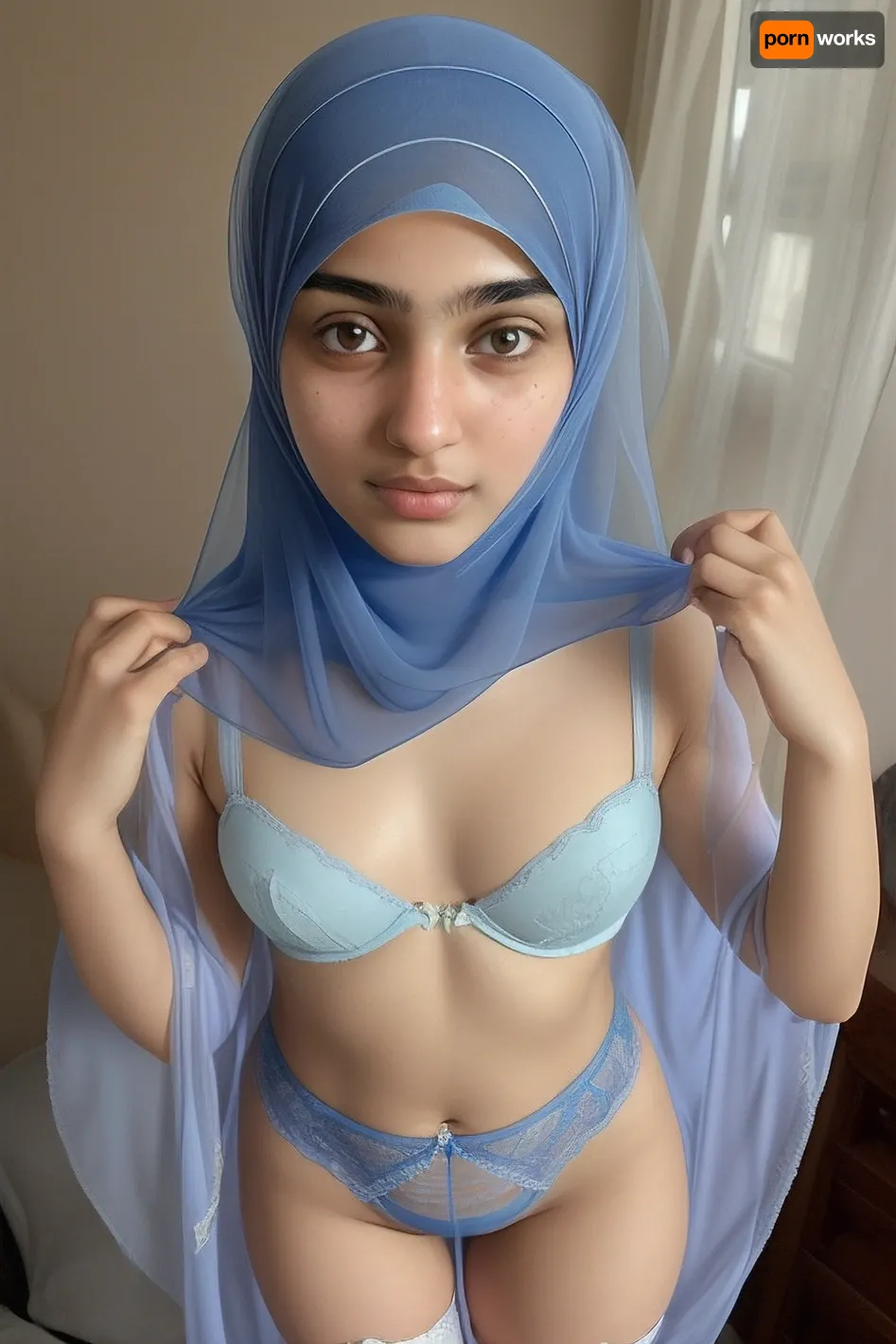fine facial features, very beautiful, sweet, modest, thin Muslim girl, Muslim girl 18 years old, standing in the bedroom, the Muslim woman is wearing blue thongs, a bra, stockings, a stocking hanger, on her head is a blue Muslim transparent headscarf