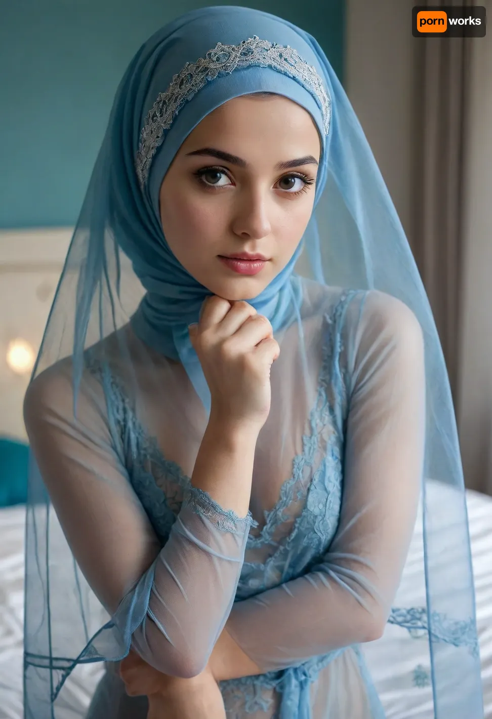 Delicate facial features, very beautiful, cute, modest, thin Muslim woman, Muslim woman 18 years old, standing in the bedroom, Muslim woman in blue thong, in transparent vulno nightgown, stockings, stockings fastening, on her head a blue Muslim transparent headscarf, delicate facial features, on her face a transparent veil, transparent veil on her face, face covered with a transparent veil, kneeling in the room, hijab