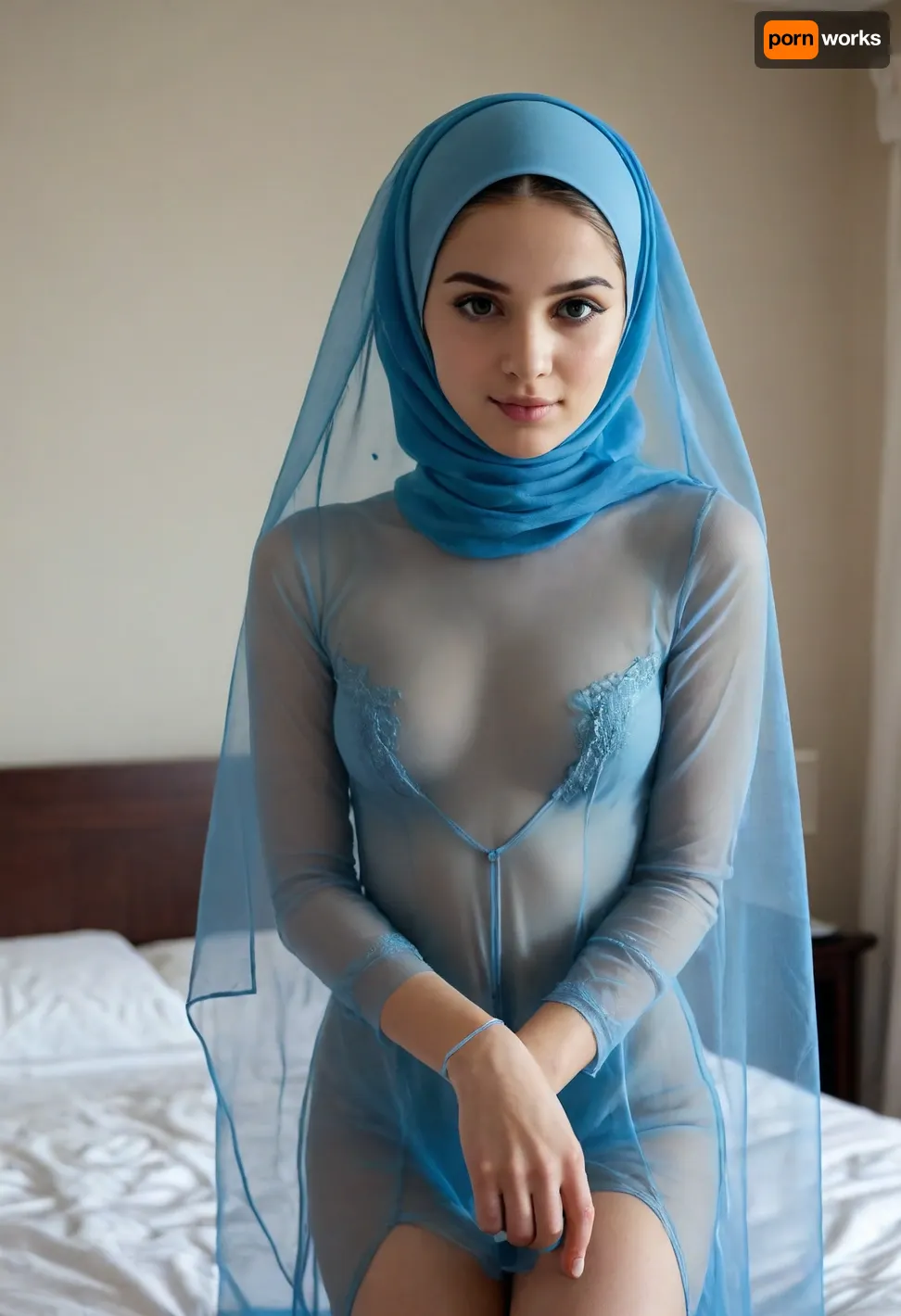 Delicate facial features, very beautiful, cute, modest, thin Muslim woman, Muslim woman 18 years old, standing in the bedroom, Muslim woman in blue thong, in transparent vulno nightgown, stockings, stockings fastening, on her head a blue Muslim transparent headscarf, delicate facial features, on her face a transparent veil, transparent veil on her face, face covered with a transparent veil, kneeling in the room, hijab, girl kneels in front of male member and sucks, girl sucks member with mouth