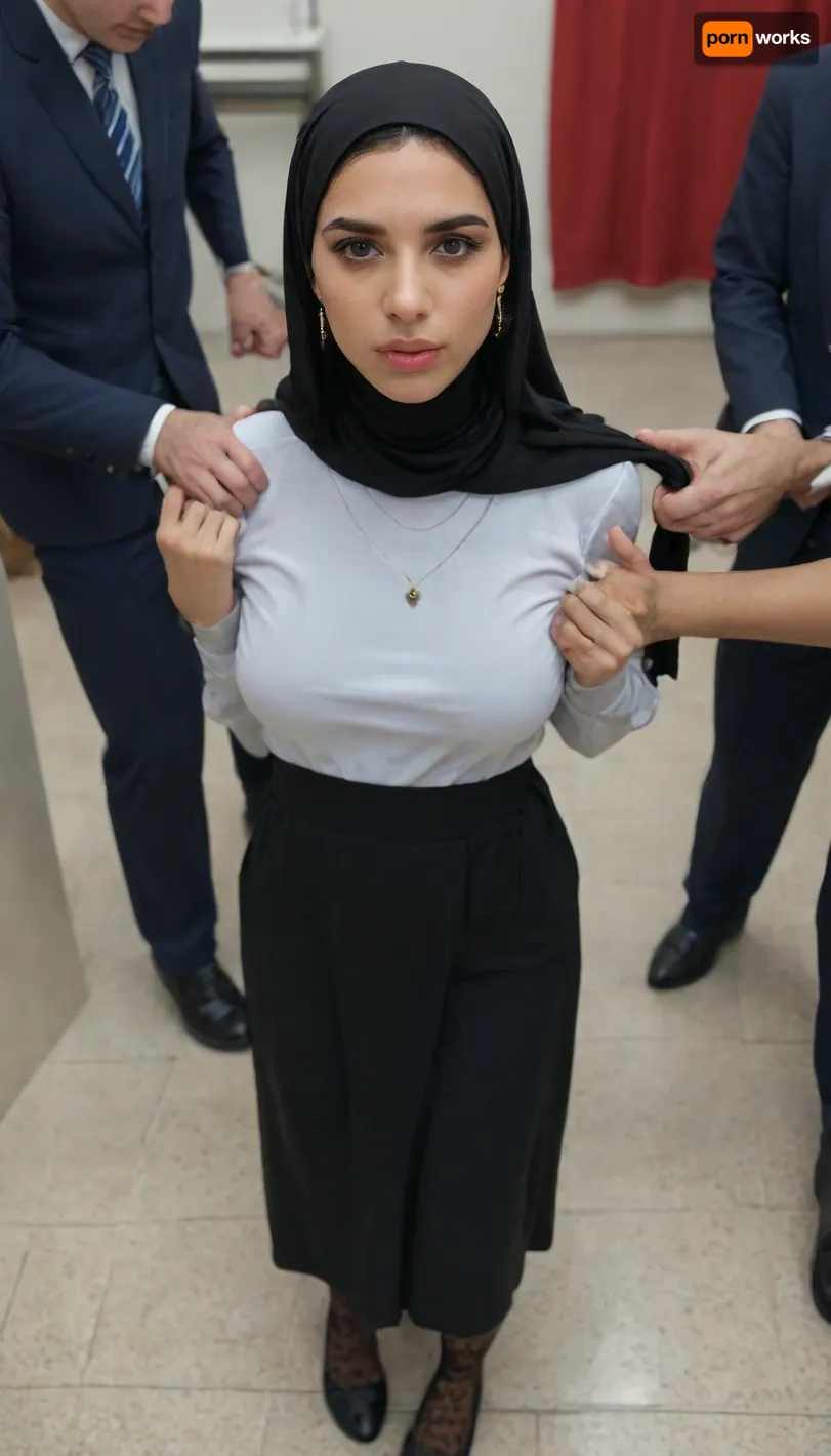 ultra detailed, realism, from above, submissive short, solo_focus, stands, legs, feets, arched back, 25 yo short, perfect natural round heavy big breast, chocker, dynamic pose, black patterned stockings, marocan girl, school interior, hijab dress, flirts, acts like a whore, huge mans standing near her, groping her, between two mans, massive dicks, masturbates, horny mans, impatient mans, hands touch grab pull tug, hair pull, burqa, style, <lora:TG_Body_XL:.5>, <lora:burqa burka style v1:.5>