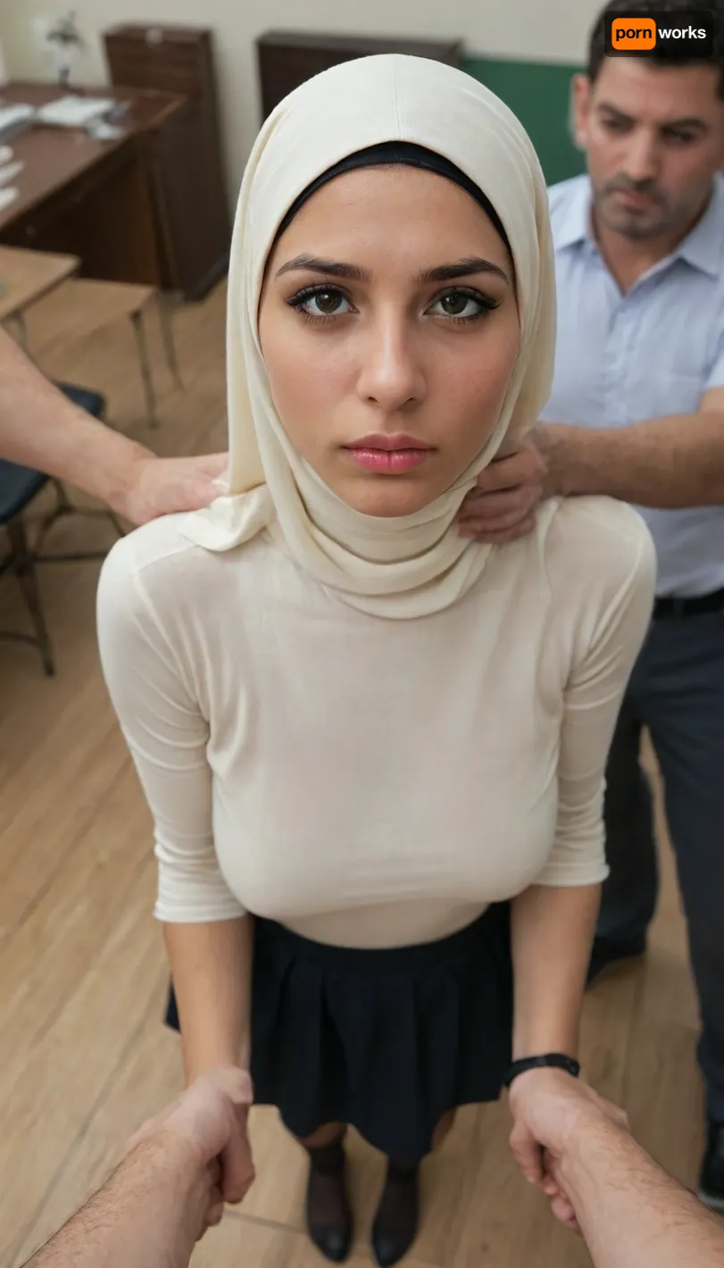 ultra detailed, realism, from above, submissive short, solo_focus, stands, legs, feets, arched back, 25 yo short, perfect natural round heavy big breast, chocker, dynamic pose, black patterned stockings, marocan girl, school interior, hijab dress, flirts, acts like a whore, huge mans standing near her, groping her, between two mans, massive dicks, masturbates, horny mans, impatient mans, hands touch grab pull tug, hair pull, burqa, style, <lora:TG_Body_XL:.5>, <lora:burqa burka style v1:.5>