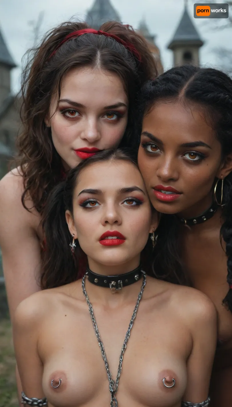 (((two 18 year old African American vampire girls))), black skin, neck bitting, midevil, glowing red eyes, black eyeshadow, sad face, closed mouth, one with black hair with rainbow hair, ponytails, red lipstick, blood dripping out of the corners of the mouth, vampire, vampire teeth, in a dark graveyard, bound in chains, nipple rings, earrings, collar, perfect tiny breasts, Subspecies, style, EdobVampWoman, <lora:Subspecies style:.8>, <lora:EdobVampWoman_XL_v1.0:.8>