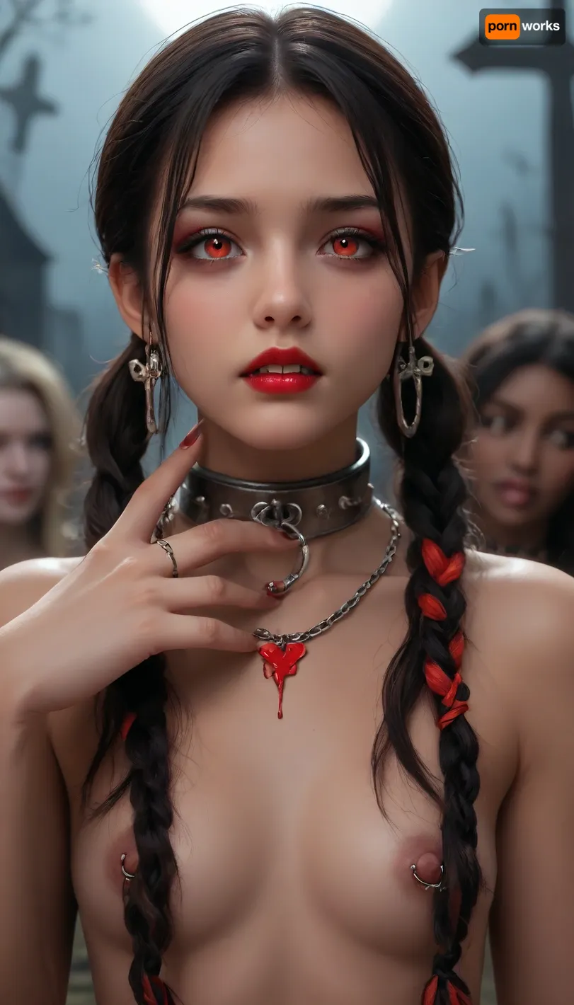 (((two 18 year old African American vampire girls))), black skin, neck bitting, midevil, glowing red eyes, black eyeshadow, sad face, closed mouth, one with black hair with rainbow hair, ponytails, red lipstick, blood dripping out of the corners of the mouth, vampire, vampire teeth, in a dark graveyard, bound in chains, nipple rings, earrings, collar, perfect tiny breasts, Subspecies, style, EdobVampWoman, <lora:Subspecies style:.8>, <lora:EdobVampWoman_XL_v1.0:.8>