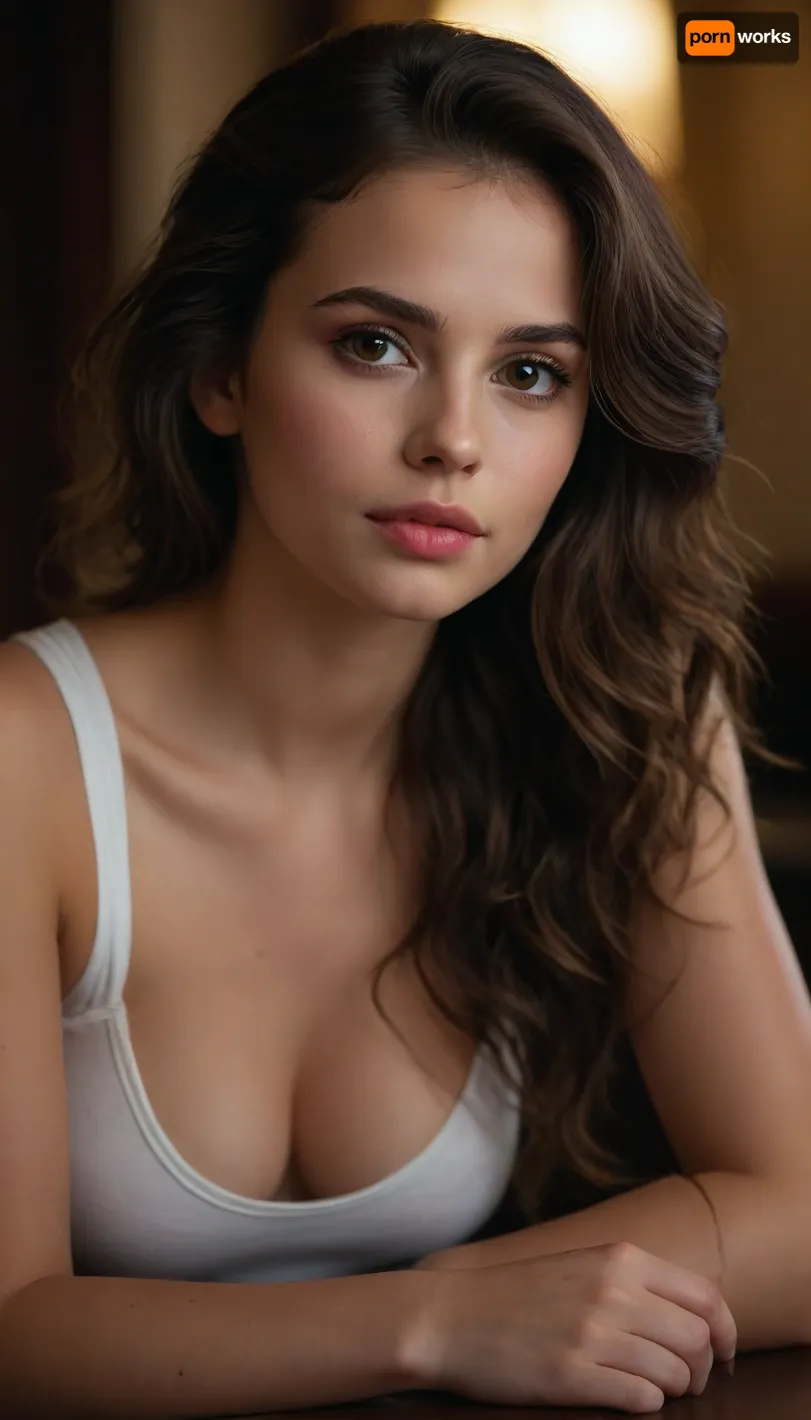 "A highly detailed, ultra-realistic portrait of a 22-year-old young brunette woman with deep brown eyes. Her long, wavy dark brown hair is left open, cascading naturally over her shoulders, with a few strands softly framing her well-defined face. She is wearing an white tank top, Huge XL breast, sitting at a table, leaning forward slightly with one hand delicately touching her chin. Her expression is soft and contemplative, exuding a confident yet mysterious charm. The background is dark and blurred, creating a cinematic depth that enhances her striking features. The lighting is moody and warm, casting soft shadows that highlight her high cheekbones, full lips, and smooth white skin with a warm undertone. High-definition textures, natural skin tones, and hyper-realistic details ensure a stunning and captivating look."