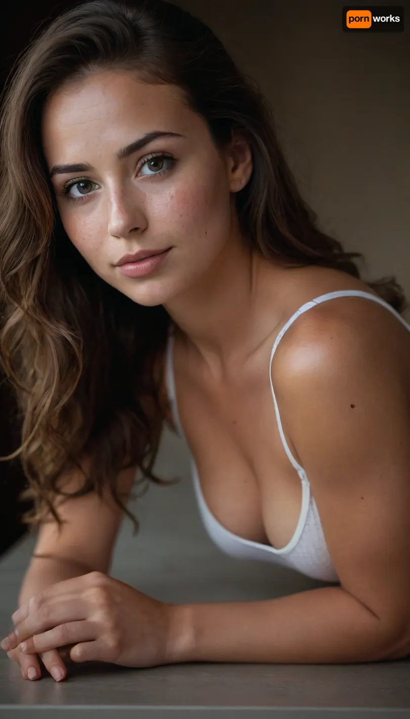 "A highly detailed, ultra-realistic portrait of a 22-year-old young brunette woman with deep brown eyes. detailed eyes, thin eyebrows, no makeup, long natural brown hair with sidelocks, (very cute girl), ((well build body)), Muscular, (narrow waist), (flat stomach), realistic body proportions, perfect anatomy, good hands with perfect fingers, gymnastic legs, thigh gap, big breasts, erected nipples, small lips, lots of freckles face and skin, blush on the checks and nose, (raised nasal tip, upturned button nose, upturned nose, delicate nose, nose), very sexy horny smile, loving eyes, ((face down ass up)), (((view from ass side))), beautiful very cute, long wild brunette hair with sidelocks, ((very dark tanned)), (perfect face), perfect eyes, high detail, Her long, wavy dark brown hair is left open, cascading naturally over her shoulders, with a few strands softly framing her well-defined face. She is wearing an white tank top, Huge XL breast, sitting at a table, leaning forward slightly with one hand delicately touching her chin. Her expression is soft and contemplative, exuding a confident yet mysterious charm. The background is dark and blurred, creating a cinematic depth that enhances her striking features. The lighting is moody and warm, casting soft shadows that highlight her high cheekbones, full lips, and smooth white skin with a warm undertone. High-definition textures, natural skin tones, and hyper-realistic details ensure a stunning and captivating look."