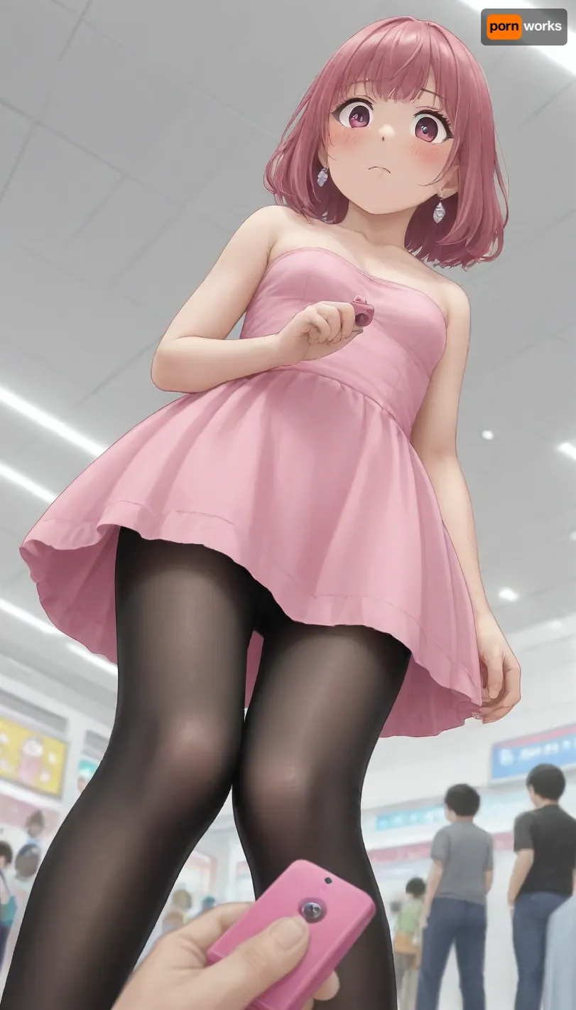 Look a viewer, view from below, from below, frown, knees together feet apart, hands covered crotch, embarassed, Black pantyhose, standing, in mall, (Comfyui with controlnet), Model, pink remote controller, control, holding, pov, shocked, nonplussed, strapless, tube, dress, bodycon, <lora:crowd_notrigger:.8>, <lora:remocon_SDXL_V2:.8>, <lora:shocked:.8>, <lora:Plain_tube_dress:.8>, <lora:Spider-Gwen:.8>