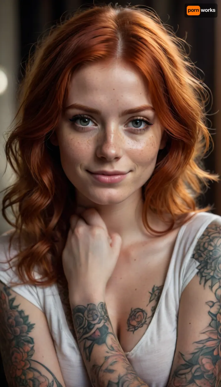 girl • woman • smile • model • tattoo • redhead • tattoos • female • shirt • freckles, <lora:SDXLFaeTastic2400:.8>