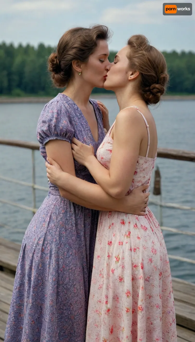 two women 30 years, the USSR times, in summer dresses, makeup, on deck paraod, embrace and kiss, lesbian, (photo 4K high expansion, good quality)