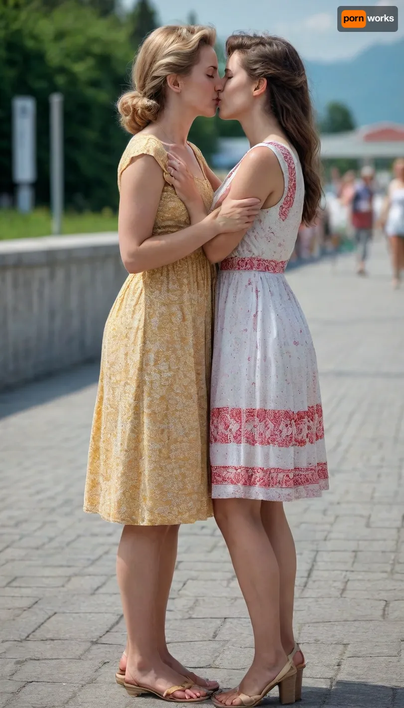 two women 30 years, the USSR times, in summer dresses, resort in Sochi, embrace and kiss, lesbian, (photo 4K high expansion, good quality)