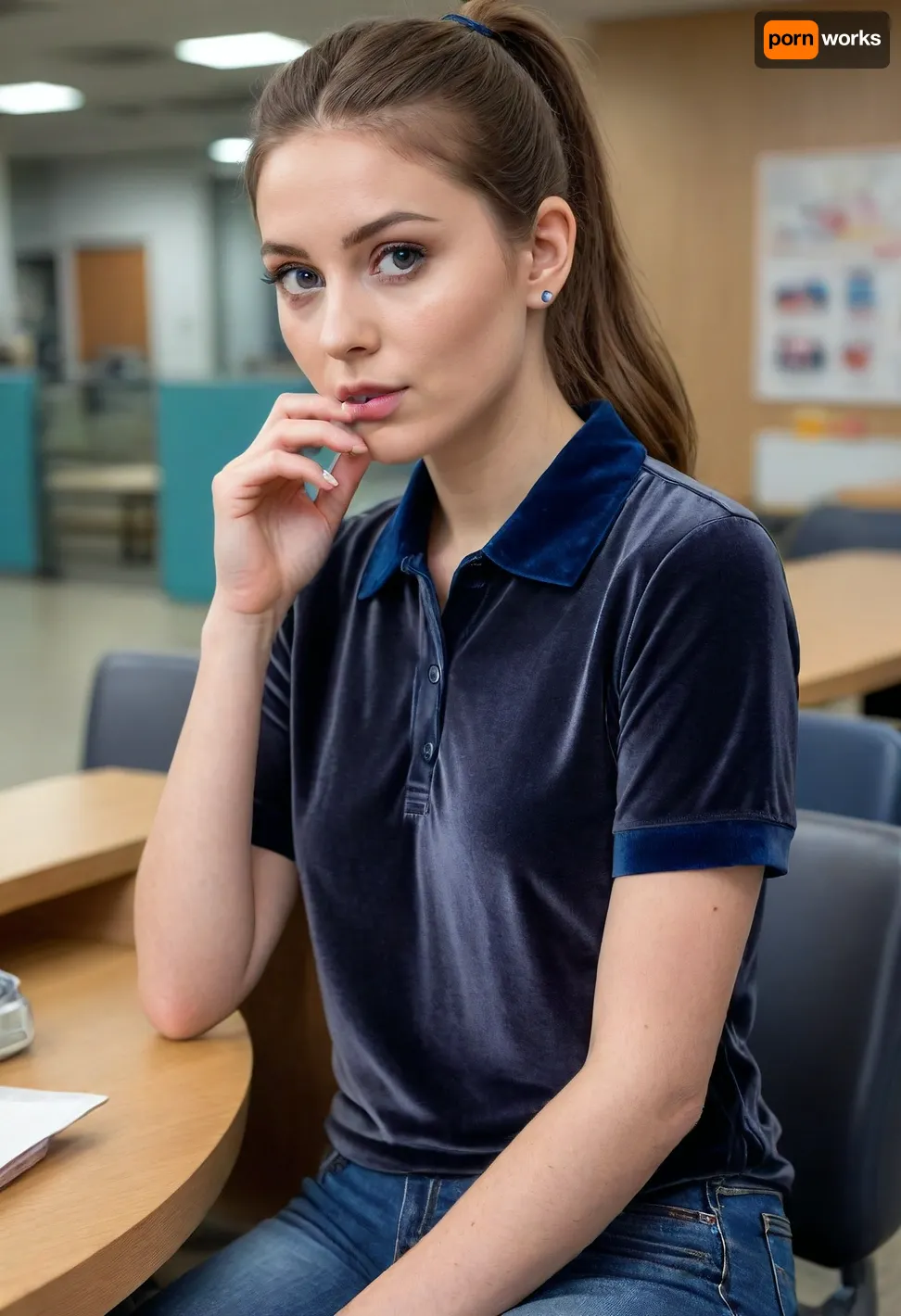 (masterpiece, best quality:1.2), 1 czech 30yo woman, natural beauty, (she wears a dark gray baggy velvet polo shirt, blue jeans, sneekers:1.4), indoors in a supermarket, (long raven high ponytail hair:1.2), impure skin on the face, without make-up, bright blue eyes, natural saggy boobs, earrings, (she sits in a break room and smokes with colleagues:1.4), photorealism, <lora:681678_training_data:.5>