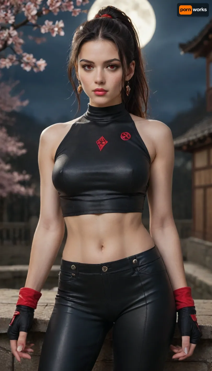score_9, score_8_up, score_7_up, RAW photo of 1girl, anime-style illustration of a young woman inspired by Rei from Ninja Gaiden, (1988), faithfully reimagined in her canonical kunoichi assassin design. She has long, raven-black hair tied in a high ponytail, sharp, crimson-red eyes, and a fierce, focused expression. Her detailed face features flawless, pale skin, delicate yet strong features, and deep, scarlet lips. The detailed eyes burn with intensity and determination.
She wears her iconic form-fitting black-and-red ninja outfit, including a cropped top, tight leather pants, and shinobi tabi boots, crouched on a rooftop in the dead of night. The background reveals a full moon casting shadows, cherry blossoms drifting in the wind, and the silhouette of a rival ninja clan lurking below, a seductive, deadly tribute to the classic NES kunoichi, blending lethal grace with retro ninja mystique, (cowboy shot), (half body view), (upper body view)
