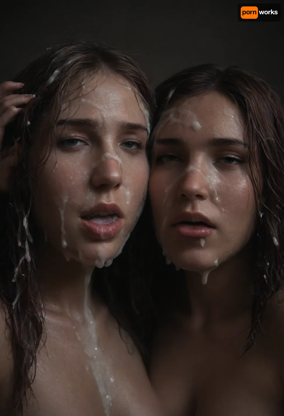 photo, portrait, (cum sharing:1.8), ((two women cum swapping:1.9)), ((mature faces:1.6)), ((licking face)), ((full body shot:1.5)), (beauty:1.8), (hairy pussy:1.2), (wet hair:1.8), (bangs:1.3), (detailed cum:1.5), (extreme cum on face:1.7), (cum on lips:1.2), (open mouth:1), (nasty horny excited lewd expression:1), (imperfect skin:1.6), <lora:dark:.8>, <lora:Sweaty_Realism_4-000006:1.5>
