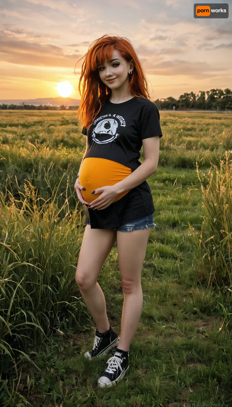 score_9, score_8_up, score_7_up, score_6_up, photo, grainy, amateur, lowres, 2000s nostalgia, webcam photo, 1 young emo ginger haircut woman, perfect eyes, very voluminous hair, 1 girl, small breasts, face focus, perfect hands, sggirl, emo, pale, cold, lighting, DEN_emily_bloomMK2, (love and happy expression), standing, pregnant, wearing casual clothes with gumshoes and black t-shirt, photographic, high quality, (in a field:1.4), (tall grass:1.4), (sunrise:1.4), detailxl, <lora:SG_emo_girl_SDXL:.7>