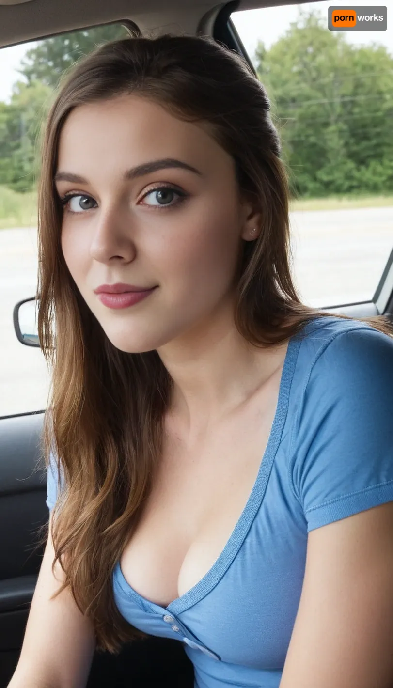 Candid pic, a sexy 20 year old athletic brunette, ((average girl next door:1.5)), (natural beauty:1.33), gorgeous, beautiful blue eyes, tight and firm body, perfect tan, fresh face, shy, pale skin, gentle smile, sagging tits, large breasts, (extremely long light brown hair), sitting in car, flashing breasts, shirt pull