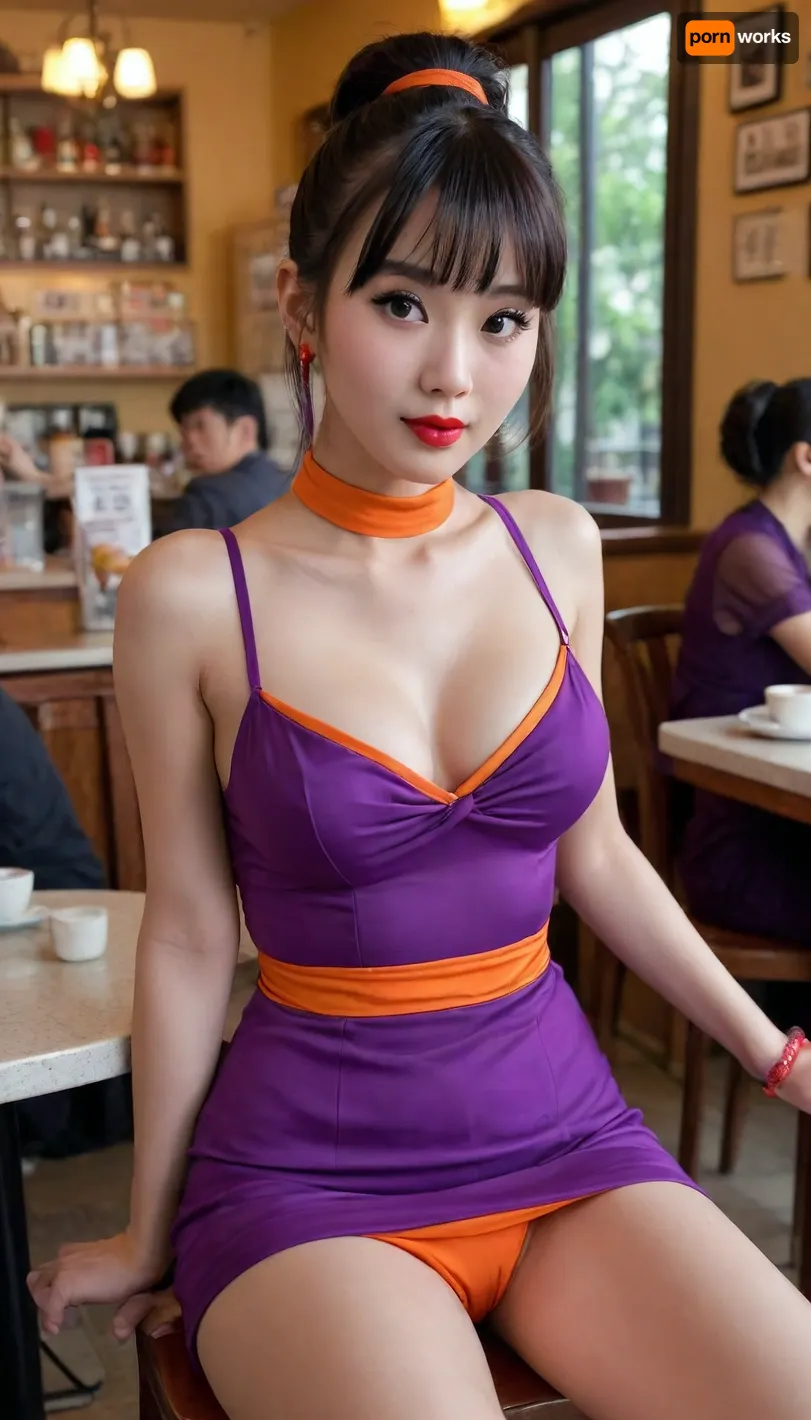 pretty Anorexic Chinese woman with pretty big breasts, in a cafe, chi-chi, black, hair, bun, bangs, sidelocks, eyes, chinese, clothes, purple, transparent dress, earrings, red, bracelets, orange, neckerchief, <lora:Chi_Chi_Diffusion_SD_XL-05:.8>, open legs, no panties, red lipstick, no bra