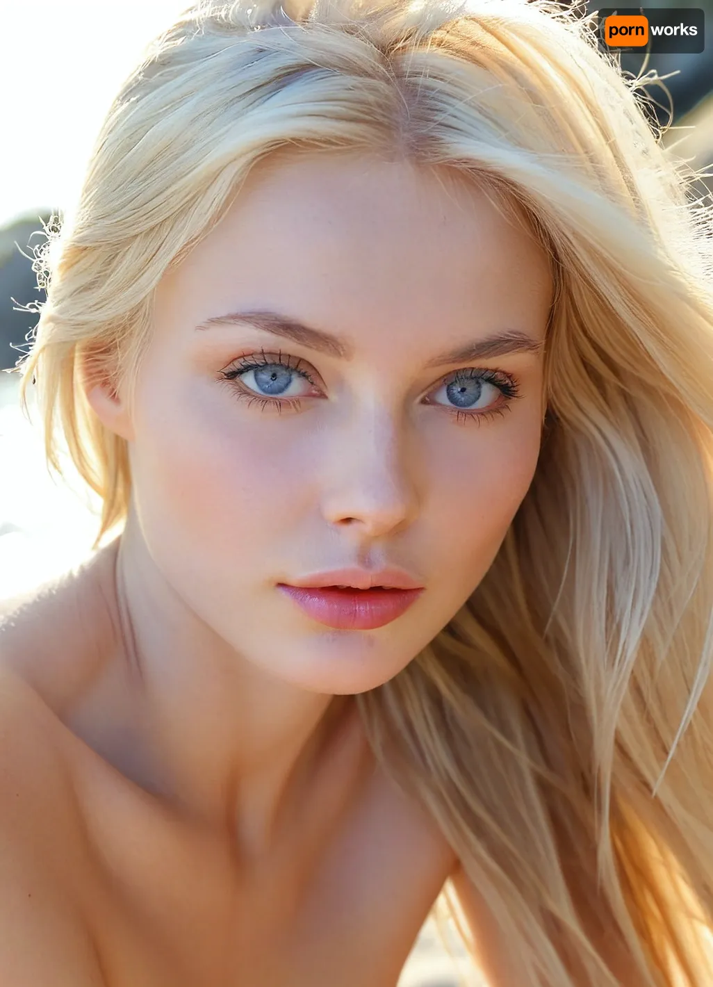 macro shot, close-up on face, 18 year old beauty, finnish supermodel, (skinny:1.1), extremely pretty, extremely beautiful, (extremely innocent), instagram model, blonde, high cheekbones, narrow chin, beautiful blue eyes, ultra smooth skin, flawless skin, semi-glossy skin, (pale ivory skintone:1), smooth silky long hair, NO makeup, ultimate realism, pink pussy, She should have a natural, sad and charming expression, illuminated by soft golden sunlight., the color scheme of which corresponds to the background, which should have a picturesque outdoor setting, perhaps a sun-drenched beach. Take a high-resolution photo using an 85mm lens to get an attractive angle, depth of field, soft front light, HDR, (muted colors:1.2), Canon RF 100mm F2.8L Macro IS USM, <lora:SDXL_BetterFaces-LoRA_v1:.8>