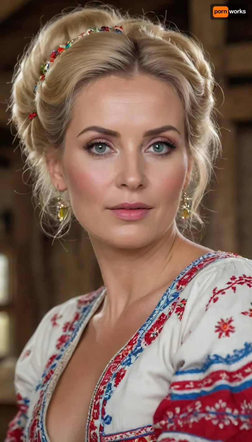 (4K UHD ultra-detailed RAW photo), high detailed, 8k, (photorealistic:1.7), 45 yo peasant seductive woman in hayloft, ((milf:1.4)), (wearing Ukrainian summer national costume, Embroidery), ((voluminous blonde updo haircut)), ((makeup:1.5)), plump, skindentation, chubby, bbw, venus, body, big, breasts, ass, <lora:Chubby BBW - XL:.5>