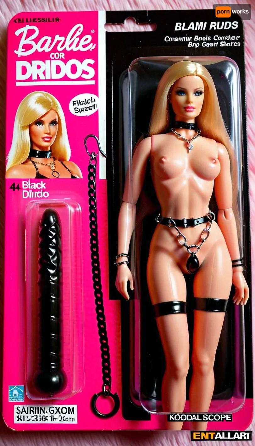 Barbie doll of a bdsm model, plastic doll, unopened packaging, blond hair, long straight hair, bare breasts, giant nipple rings, included accessories, pink dominatrix outfit, gags, whips, chains, collars, clamps, spreader bar, (detail separate black giant ribbed dildo), very tall, very thin, <lora:gonza_v2:.7>