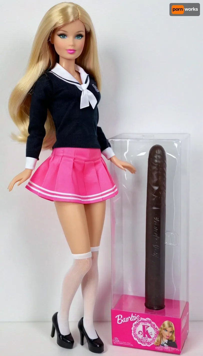 full body shown, Barbie doll of a sexy schoolgirl model, plastic doll, unopened packaging, blond hair, long straight hair, micro mini skirt, white stockings, pink very high platform high heels shoes, included accessories, pink slutty school girl outfit, (detail separate black giant dildo), very tall, very thin, <lora:gonza_v2:.7>
