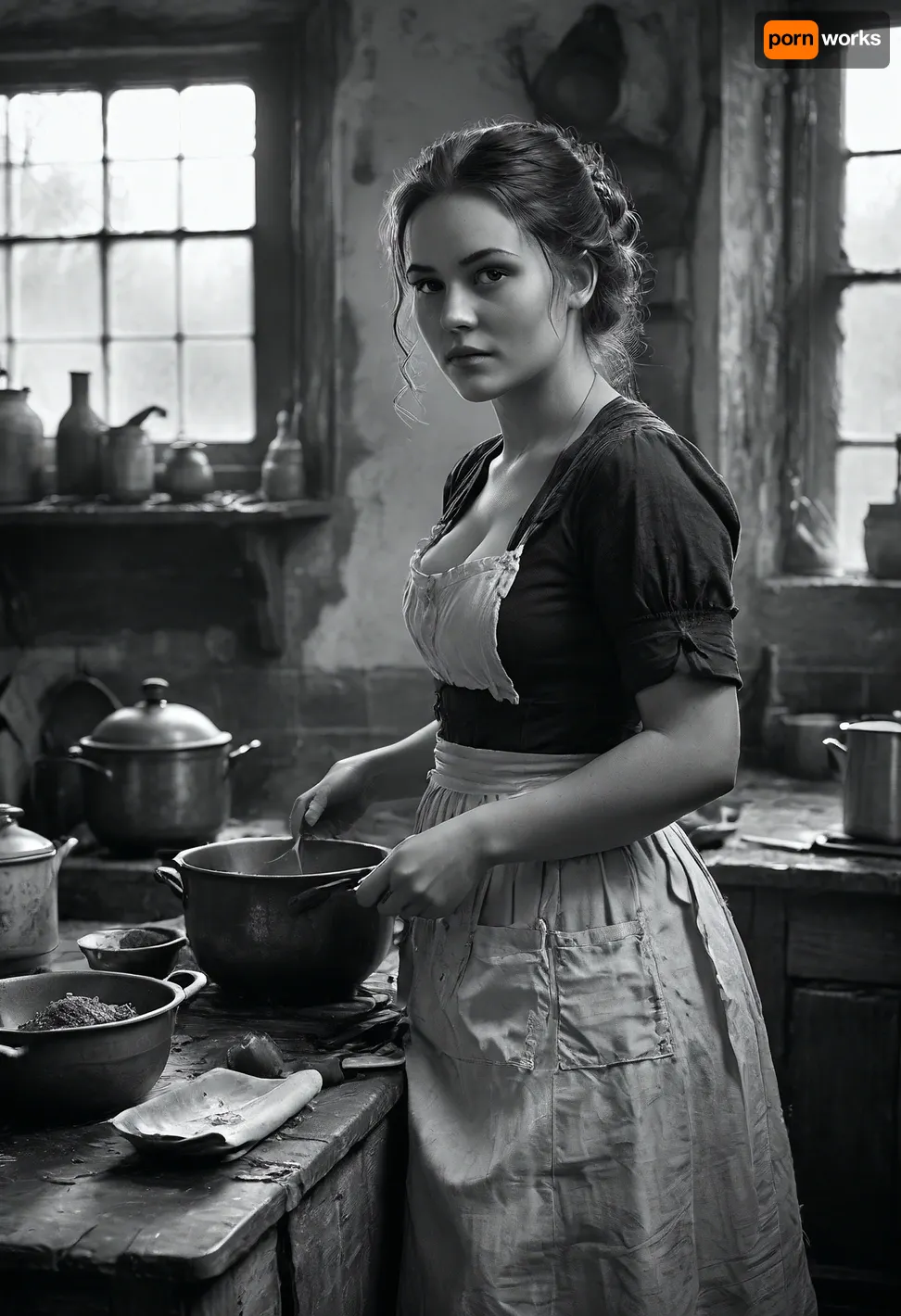 18 century, the young 18-year-old cook is working in the kitchen, she is sweaty, worn out, but slowly lifts her dirty apron and long skirt, joyful anticipation, looking to the viewer, FRESHIDEAS, Real, Photography, 2#, Black, and, white, art, black, shading, charcoal, toned, brutal, dark, b/w, color, scheme, <lora:FRESHIDEAS Real Photography 2#:.6>, <lora:Black and white art.V1:.1>, <lora:MJ52:.4>, <lora:add-detail-xl:.9>