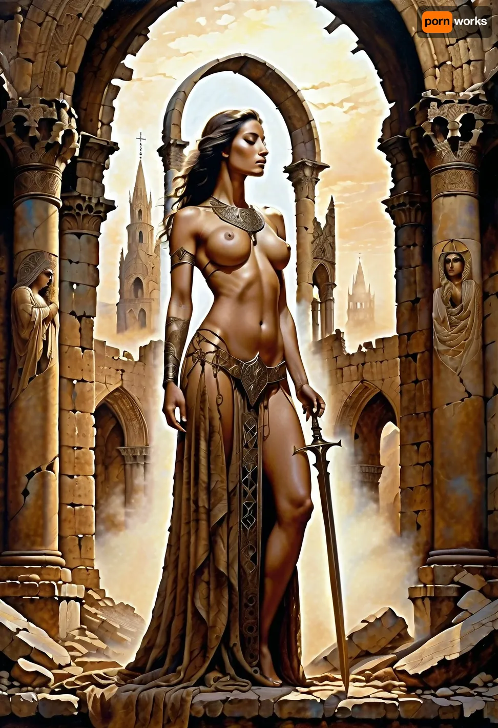 Sepia-toned ink painting, a nude regal female Divine Oracle Warpriest stands in a ruined cathedral, her nude body is battle-worn yet sensual form. Intricate sacred tattoos glow faintly on her exposed arms and collarbone as she clutches a spear wrapped in prayer scrolls. The crumbling stone arches and stained-glass ruins behind her dissolve into inkwashed mist, evoking the style of Zdzisław Beksiński’s fragmented surrealism and John Howe’s gothic grandeur. The composition feels ancient and prophetic, with smudged ink textures and deep shadows emphasizing her divine authority and mystery.