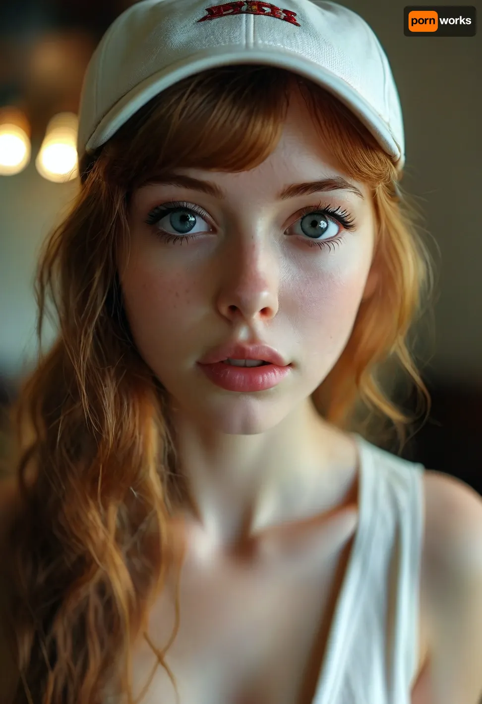 ((the whole girl visible in the frame)), ultra realistic smart incredibly beautiful seductive face, pretty young escort woman, super model, 18 years old, (very slim, anorexic figure), totally nude, long very nice legs, narrow waist, looks directly at the viewer, swing golf pose, ((baseball cap backwards showing shaved pussy)), (long legs, perfect legs, sensual Seductive, big eyes, beautiful eyes:1.2), back view, long ginger hair, (seduce, sexy, wants to fuck:1.1), (white skin. smile:1.1), ((showing big breasts with protruding swollen puffy areolas and puffy nipples 1:1)), HDR photo, best quality, ultra-detailed, masterpiece, finely detail, highres, photorealistic, perfect illumination, best shadow, best shot, ((engaging view)), full scene picture, soft lighting, bhands, perfect fingers, little hands, (5/6th body:1.5), the woman is looking with amazement at viewer, (looking up), detailxl, perfecteyes, <lora:MJ52:.5>, <lora:lora-sdxl-perfect-eyes:.5>, <lora:style_lora_realis:.7>