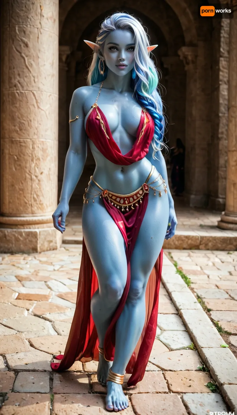 gorgeous stormElf queen, deep blue color skin, skin is blue, blue skin tone, stormElf blue skin, built of a dancer, dressed in pelvic curtain, long flowing silver and blue striped hair, walking, strom, elf, 3nch4nt3d, f0r3st, <lora:PAseer-SDXL-StormElf:2>, <lora:Fantasy_Races_XL:1>, <lora:3nch4nt3d_f0r3st:1.8>
