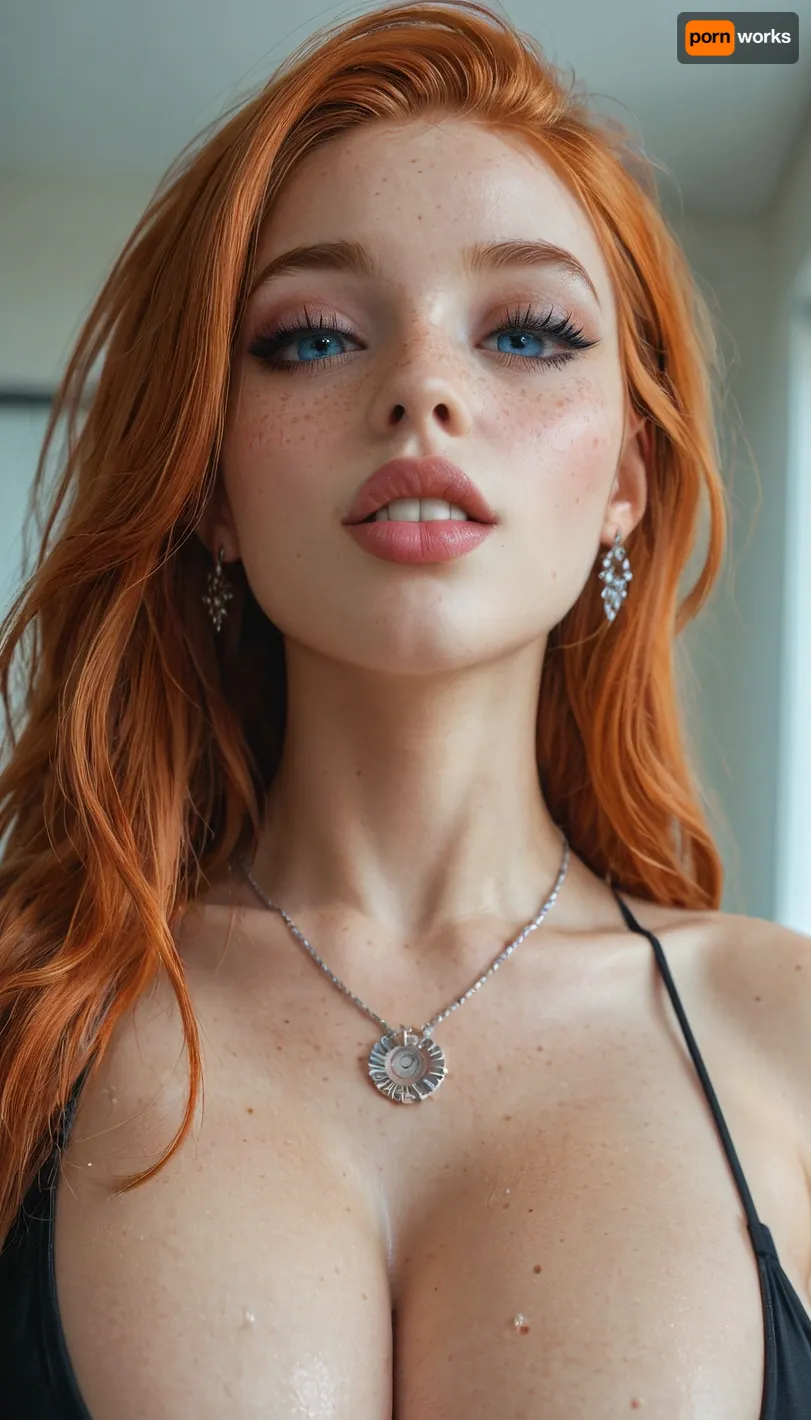 very horny breathtaking ginger 25 year old American Goth girl, gigantic natural saggy breasts out, athletic body, perfect skinny body sharp nose, smooth silky long hair rectangular face, wide mouth, full lips, dark makeup, ginger hair and pale skin, tattooed, expensive hairstyle, expensive earrings, beautiful necklace, thin eyes, blue eyes, pale ginger skin, freckles, big cheekbones, slim, deep dimples, cute chin, kind eyes, white teeth, medium view from below, detailed faces, <lora:SDXL_BetterFaces-LoRA_v1:.5>