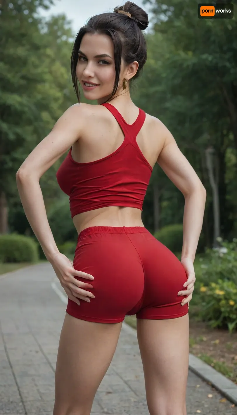 18 years old girl, azula, very-very long haer, red leather shorts, thigh gap, skinny, petite, tiny waist, red leather tank top, medium breasts, showing one nipple, downblouse, nipslip, bright blue eyes, pulling on shirt, cute smile, ahegao, showing ass, hand on ass, hands groping own tits, bent over forvard, back view, in the park, does yoga, random yoga pose