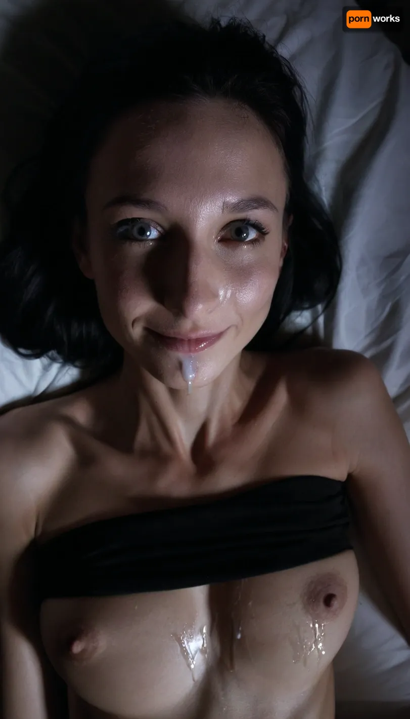 extremely beautiful and slender 25 year old goth cumbucket with big tits lying on the bed after a wild party, a gallon of thick cum has recently been poured over all of her body and face, portrait, from above, looking at the cam, lovely eyes, cute eyes, sexy eyes, sweet eyes, cute smile, tack sharp, ultra realistic, cinematic dark lighting, an interplay of light and shadows, artsy, high cheekbones, (skinny face), (long face), (long skinny nose), <lora:dark:.8>