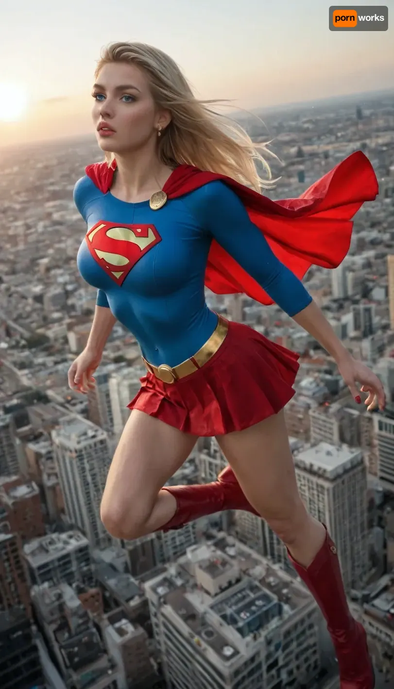 Supergirl, young adult and powerful superheroine, athletic yet feminine build, large bimbo breasts, shaved pussy, long blonde hair, piercing blue eyes, confident and determined expression. Wearing iconic Supergirl costume, blue fitted top with bold red and yellow 'S' emblem, red skirt, red cape billowing in the wind, red boots, golden belt, torn and ripped suit. Dynamic heroic pose, flying above a city skyline, bright sky and sunlight, cinematic, highly detailed, comic book style realism, epic atmosphere.
