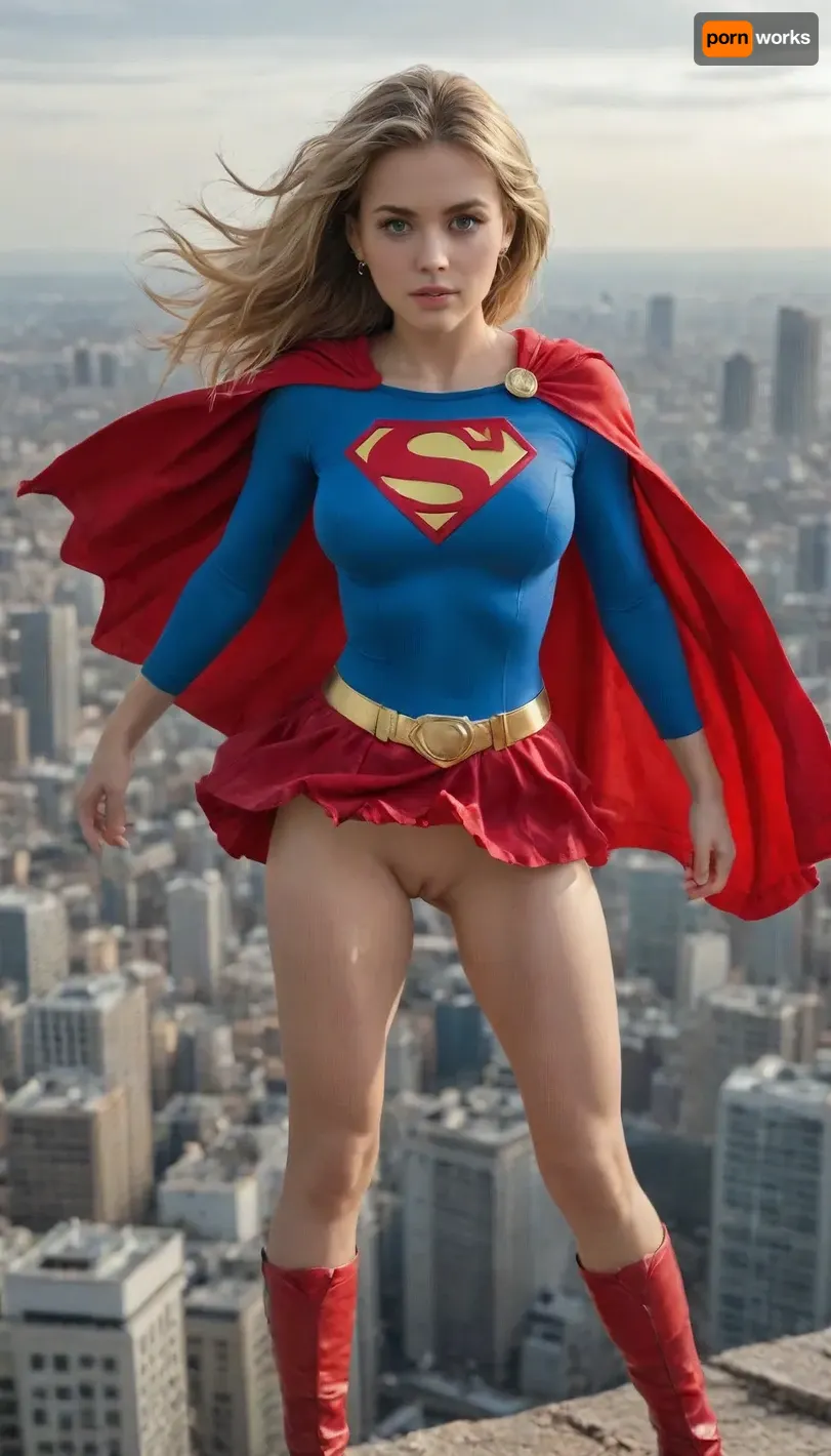 Supergirl, young adult and powerful superheroine, athletic yet feminine build, large bimbo breasts, shaved pussy, long blonde hair, piercing blue eyes, confident and determined expression. Wearing iconic Supergirl costume, blue fitted top with bold red and yellow 'S' emblem, red skirt, red cape billowing in the wind, red boots, golden belt, (torn and ripped suit), . Dynamic heroic pose, flying above a city skyline, bright sky and sunlight, cinematic, highly detailed, comic book style realism, epic atmosphere.