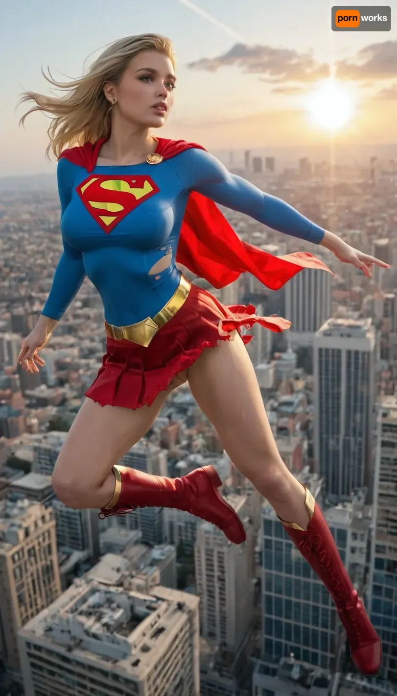 Supergirl, young adult and powerful superheroine, athletic yet feminine build, large bimbo breasts, shaved pussy, long blonde hair, piercing blue eyes, confident and determined expression. Wearing iconic Supergirl costume, blue fitted top with bold red and yellow 'S' emblem, red skirt, red cape billowing in the wind, red boots, golden belt, (torn and ripped suit:1.3), . Dynamic heroic pose, flying above a city skyline, bright sky and sunlight, cinematic, highly detailed, comic book style realism, epic atmosphere.