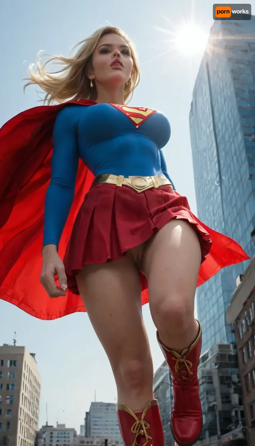 Supergirl, young adult and powerful superheroine, athletic yet feminine build, large bimbo breasts, shaved pussy, long blonde hair, piercing blue eyes, confident and determined expression. Wearing iconic Supergirl costume, blue fitted top with bold red and yellow 'S' emblem, red skirt, red cape billowing in the wind, red boots, golden belt. Dynamic heroic pose, flying above a city skyline, bright sky and sunlight, cinematic, highly detailed, comic book style realism, epic atmosphere. View from below, looking up.