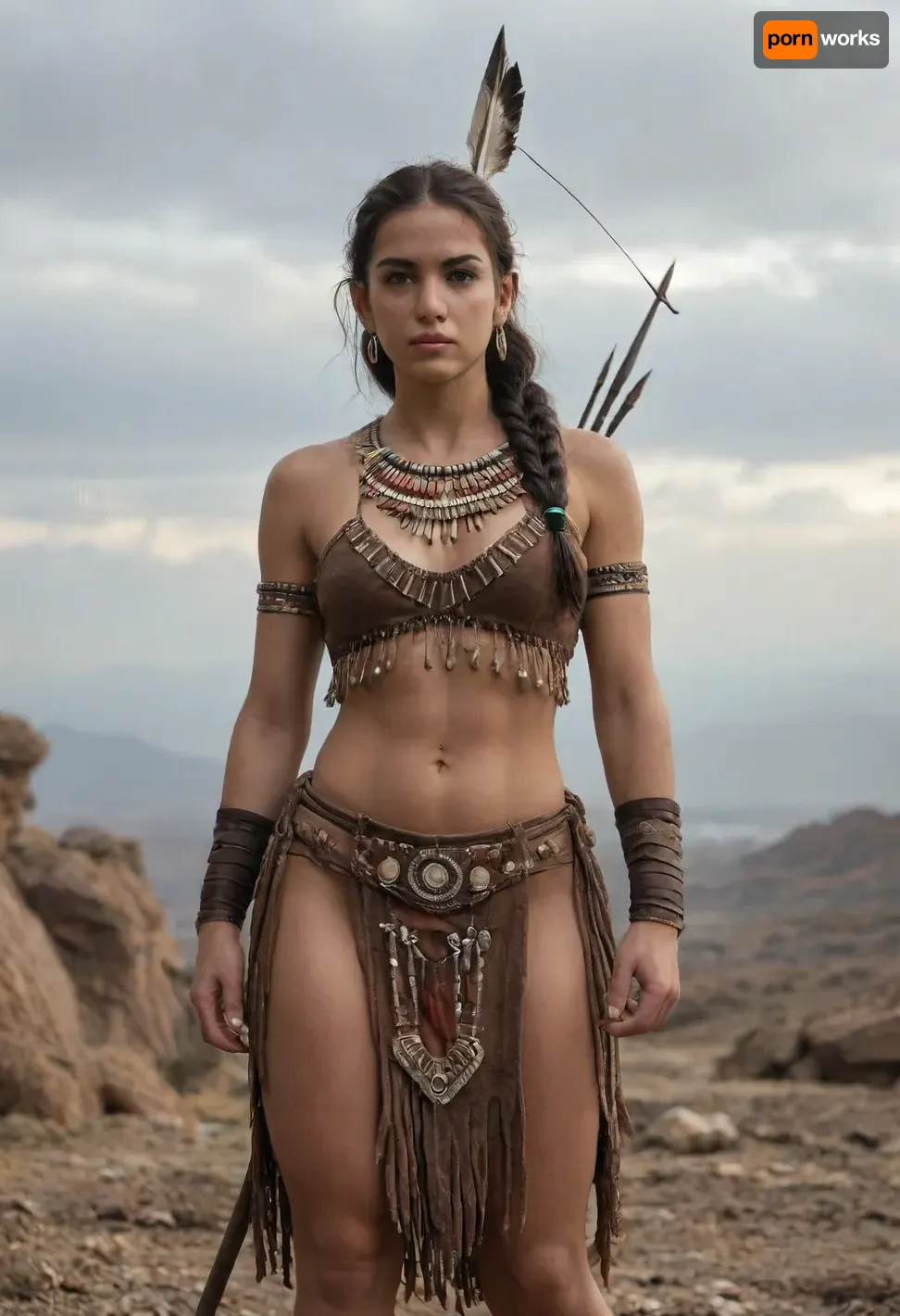 Fierce Native American female warrior, tall and athletic build, strong and graceful, intense determined expression. Long dark braided hair adorned with feathers and beads, war paint markings across her face, piercing dark eyes. Wearing traditional warrior attire, leather armor, fringed garments, decorated with tribal patterns, beads, and animal pelts. Carrying a spear or bow with arrows, tomahawk at her side. Standing proudly on a rocky plain under a dramatic sky, wind blowing through her hair, aura of strength and pride. Cinematic, highly detailed, historical realism, powerful and noble atmosphere.