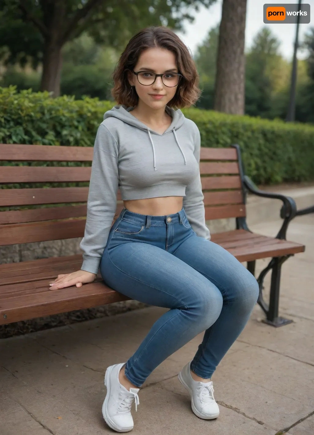 young woman, white, 20 years old, height 155 cm, cute face, feminine, (((medium breasts))), smiling, look at viewer, medium breasts, full body view, front view from side, short straight chestnut hair, freckles, (blushing), oval glasses, park background, sitting on bench, legs slightly open, gradient, (((tight hips))), tight hips, small hips, slender thighs, tight ass, big ass, entire head is visible, no head cropping, tight hoodie, hoodie, jeans, low-waist jeans, taie_pexi1, woman, oval_cell, glasses, <lora:taie_pexi1:1.3>, <lora:oval_glasses_cell-frame1_SDXL_V1:2>