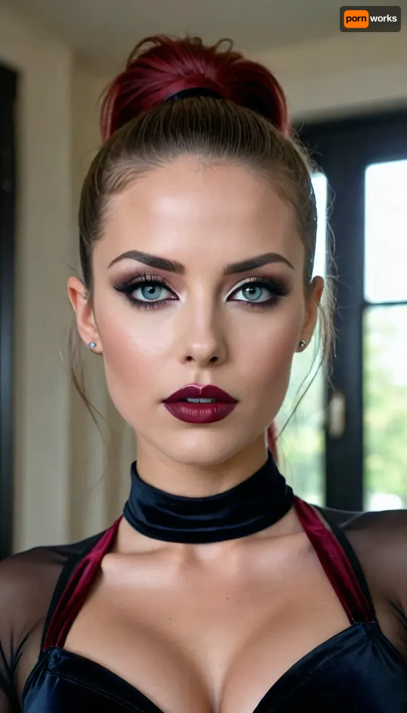 sexy and beautiful full PU executive girl woman, perfect lips, dark gothic make up, dark gothic eyes shadows, long dark gothic eye liner, velvet matte liquid carmine lips, ponytail, SEXY FACE, full body view, <lora:uberfit_lora_sdxl:.5>, <lora:bombshell_v2:.5>