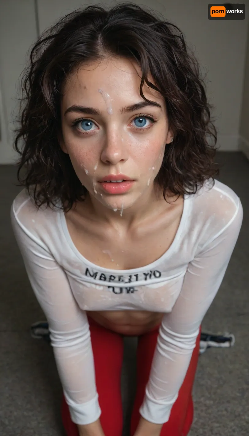 ((25yo cum covered fitness model on her knees)), (girl:1.8), huge cum covered, bukakke, cumshot, cum on face, (black hair), ((skinny face)), ((long black messy after sex hair frames her face)), tousled hair, blue eyes, skinny, perfect body, perfect breasts, looking up at viewer, eye contact, ((wearing a red satin roll neck top with 'cum here' in white writing on front)), long sleeves, surprised, messy updo, red leggings, woman, face, breasts, stomach, covered, in, perfect, facial, pov, tongue, out, open, mouth, closed, eyes, cum, on, cloth, cheekjob, <lora:facialized:.5>