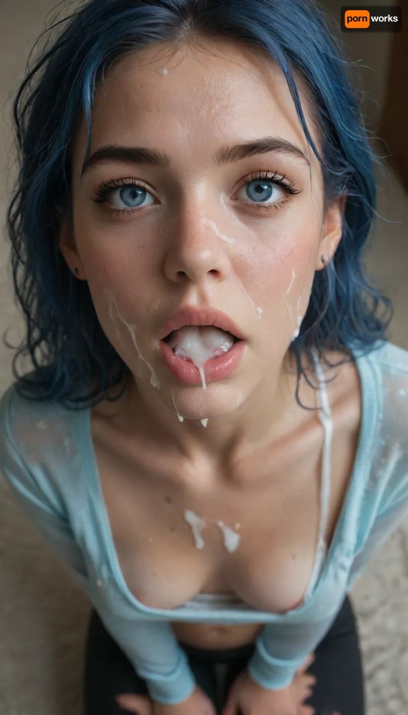 ((25yo cum covered fitness model on her knees)), (girl:1.8), huge cum covered, bukakke, cumshot, cum on face, (blue hair), ((skinny face)), ((long blue messy after sex hair frames her face)), tousled hair, blue eyes, skinny, perfect body, perfect breasts, looking up at viewer, eye contact, ((wearing a satin roll neck top with 'cum here' in white writing on front)), long sleeves, surprised, messy updo, leggings, woman, face, breasts, stomach, covered, in, perfect, facial, pov, tongue, out, open, mouth, closed, eyes, cum, on, cloth, cheekjob, <lora:facialized:2>