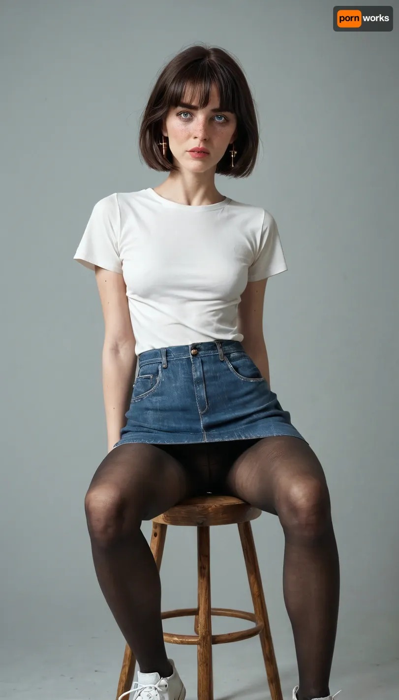 (ultra realistic, ultra detailed, best quality, fullbody photo), (mature woman, 35 years old, dark hair, medium-length bob with bangs, Anna, thin face, triangular face, narrow face, narrow long nose, feint small amount of freckles across nose, thin lips, dark eyes, caucasian, no makeup, low height, light weight, short skinny legs, skinny body, (skinny:1.3), natural flat sagging tits, wide thigh gap, skinny flat ass, skinny hips, slightly tanned skin, no tattoos, she is an accountant, her hobby is photography), (she is wearing skinny short length denim skirt, nylon tights, tights are down, long loose white T-shirt with no lettering, white sneakers), (she sits cross-legged on a stool sadly), she looks upset, 4ng3l, face, <lora:SDXL_BetterFaces-LoRA_v1:1.7>