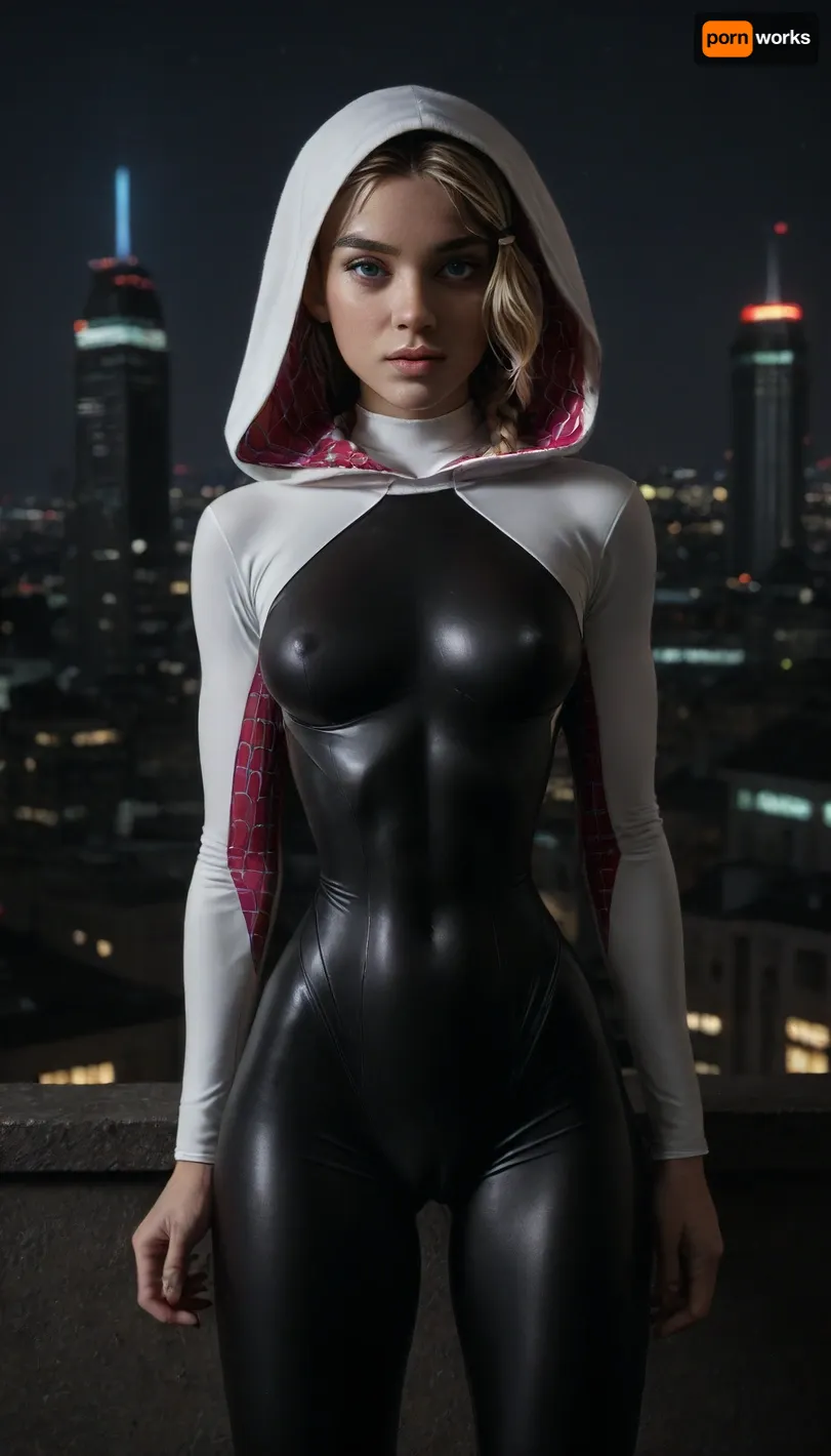 night, clear weather, (((18 years old))), (((young))), (spider girl Gwen Stacy), Braided side Side Cornrows Hair, (tight outfit), (athletic body:1.5), hood on head, (hip gap:1.3), wide hips, (narrow waist:1.5), (blonde with pink strands), (view from front:1.6), climbs to the roof of a high-rise building, (makeup), New York day, ((pussy cameltoe:1.4)), (wet clothes), (makeup:1.2), (oiled skin:1.7), (wet tight bodysuit:1.8), hand, 1girl, (athletic ass), medium natural breast, (high detailed face:1.5), dim lights, (hard nipples:1.3), (chiaroscuro lighting:.3), <lora:HandFineTuning_XL:1>, <lora:MGLRbodysuit_sdxl:.6>, <lora:uberfit_lora_sdxl:.4>, <lora:dark:.3>