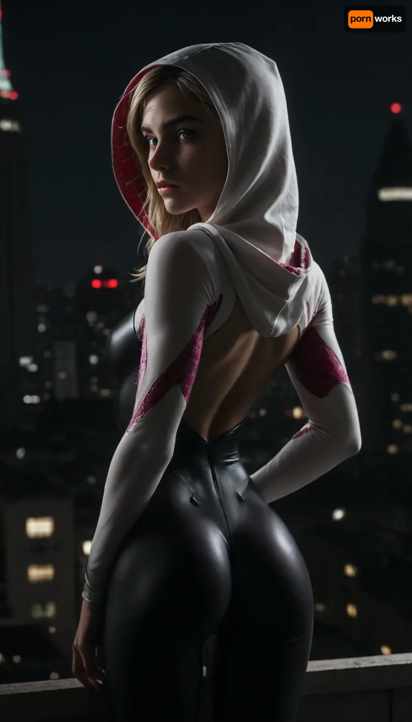 night, clear weather, (((18 years old))), (((young))), (spider girl Gwen Stacy), Braided side Side Cornrows Hair, (tight outfit), athletic body, hood on head, hip gap, (narrow waist:1.3), (blonde with pink strands), (view from behind:1.4), climbs to the roof of a high-rise building, (makeup), New York day, ((pussy cameltoe:.6)), wet clothes, (oiled skin:1.3), (tight bodysuit), hand, 1girl, (athletic ass), medium natural breast, (high detailed face:1.5), dim lights, (hard nipples:.8), rear view, view from behind, (chiaroscuro lighting:.3), <lora:HandFineTuning_XL:1>, <lora:MGLRbodysuit_sdxl:.6>, <lora:uberfit_lora_sdxl:.4>, <lora:dark:.3>