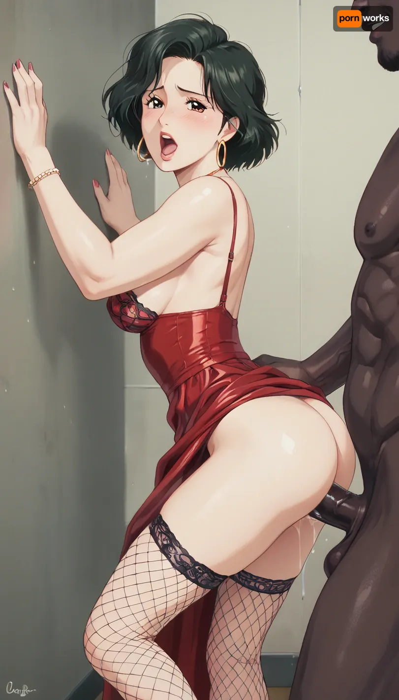 score_9, score_8_up, score_7_up, lingerie, retro dress, fishnet stockings, slut fucked by huge black muscular athlete, (pale skin:1.2), (gigantic muscular black brute:1.2), milf, (interracial:1.3), medium breasts, standing doggystyle, hands on wall, moaning, cartoon, film, photography, light, grain, medium, heavy, <lora:SDXL_FILM_PHOTOGRAPHY_STYLE_V1:.8>, studio, <lora:Ghibli_xl_v2:.8>, ghibli, art, style, <lora:ghibli-style_v0.2:.8>