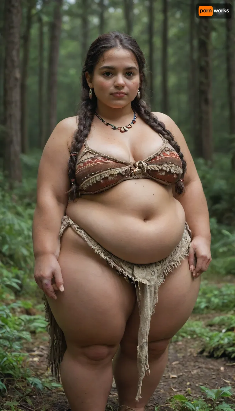 hyper heavyweight, fat woman, obese, (fully dressed:1.3), forest, massive fat thighs, (shortstack:.03), braided hair, tribal, fondling