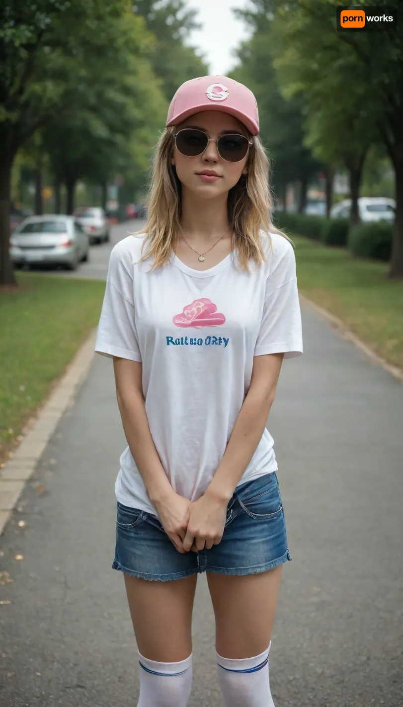 18-year-old girl, Ukrainian, Beautiful, roller skating, innocent look, very cute face, beautiful face, model face, gorgeous cute face, eye contact, blonde and rainbow hair, perfect small breasts, perfect skinny small tits, long skinny legs, slender, legs spread wide, no pubic hair, white knee socks, bright skirt, T-shirt pulled up to show breasts, necklace, sunglasses, pink baseball cap, sat on the road in the park, handmade, photorealistic, best quality, <lora:FD_XL_ENF:.8>