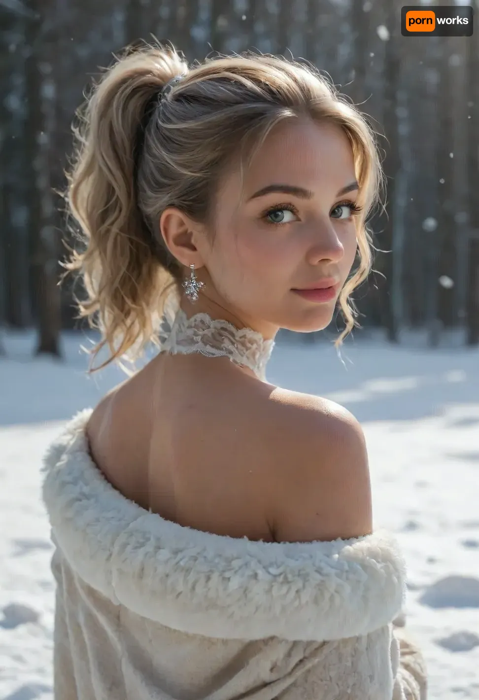 score_9_up, score_8_up, score_7_up, masterpiece, A gorgeous girl, thin, tanned skin, platinum blonde hair, wave hair with ponytail, 22 years old, on her knees, fur robe, undressed, white stockings, smiling, white lace choker, pink lips, (((snow, ice, snowing, snowflakes, in, on, head, shoulders, upper, body))), sunlight from behind, shadow